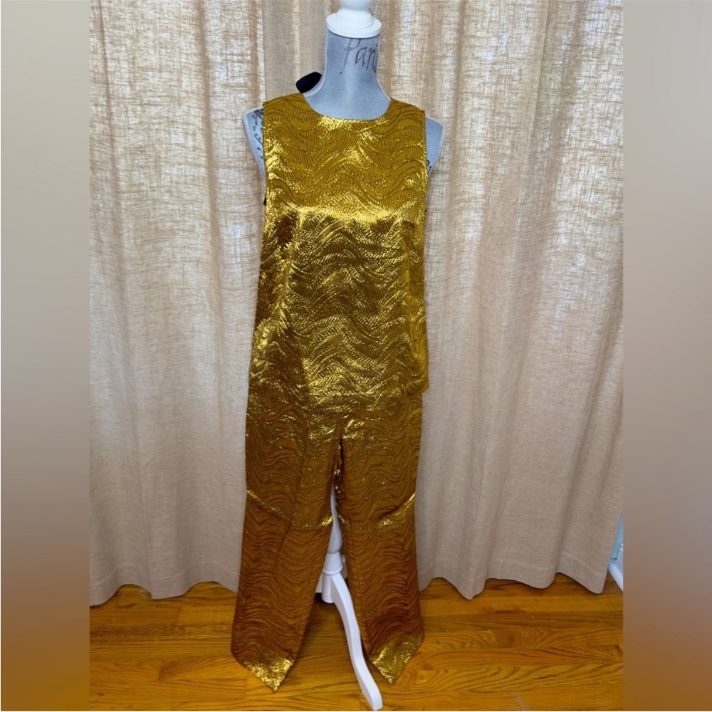 J Crew Collection top + pants in metallic leaf jacquard Top sz. S, Pant sz. 4